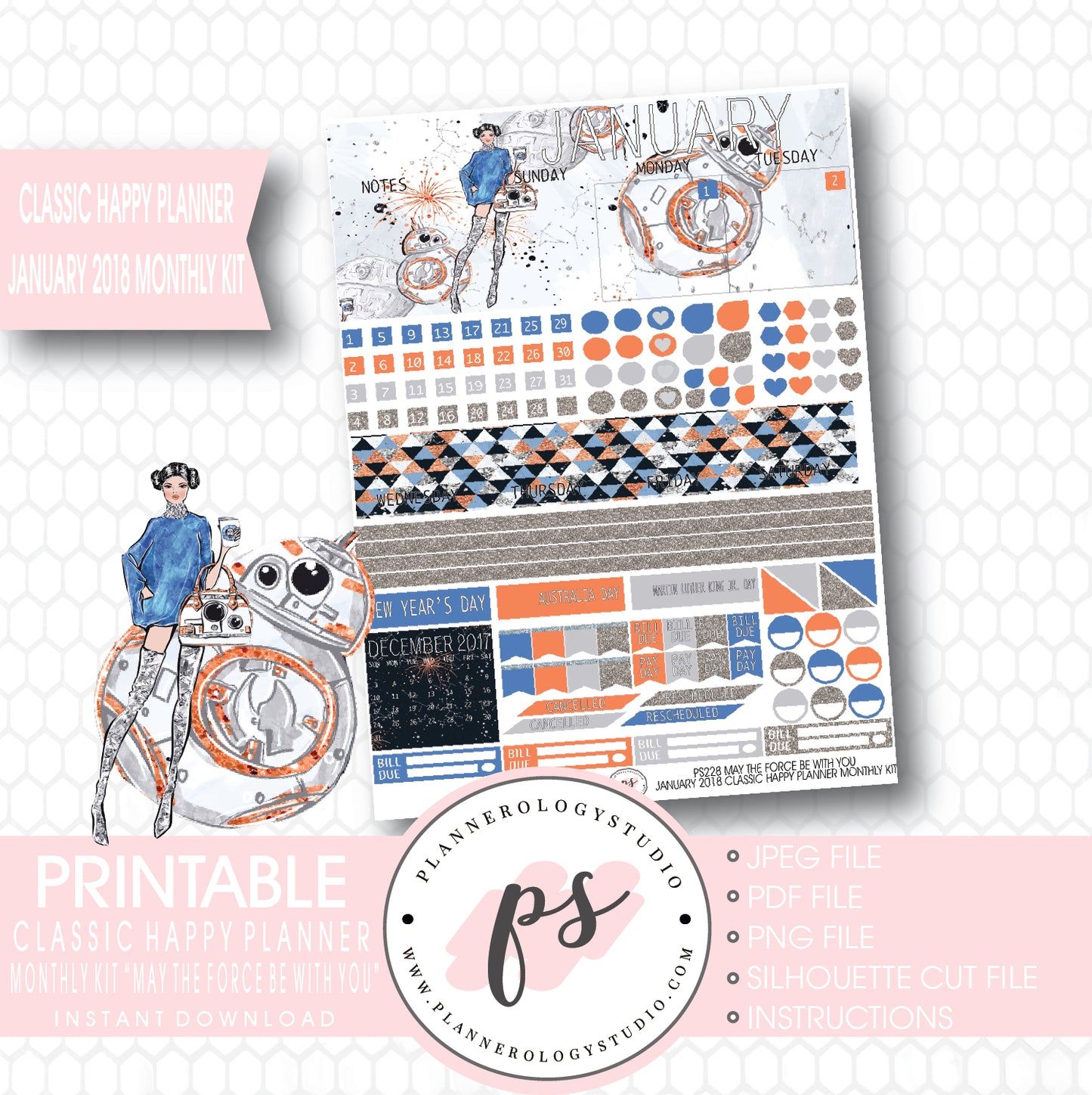 May the Force Be With You January 2018 Monthly View Kit Printable Planner Stickers (for use with Classic Happy Planner) - Plannerologystudio