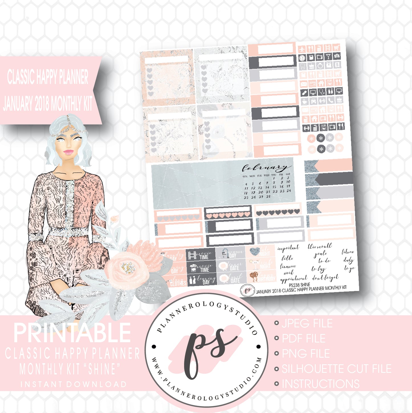 Shine January 2018 Monthly View Kit Printable Planner Stickers (for use with Classic Happy Planner) - Plannerologystudio