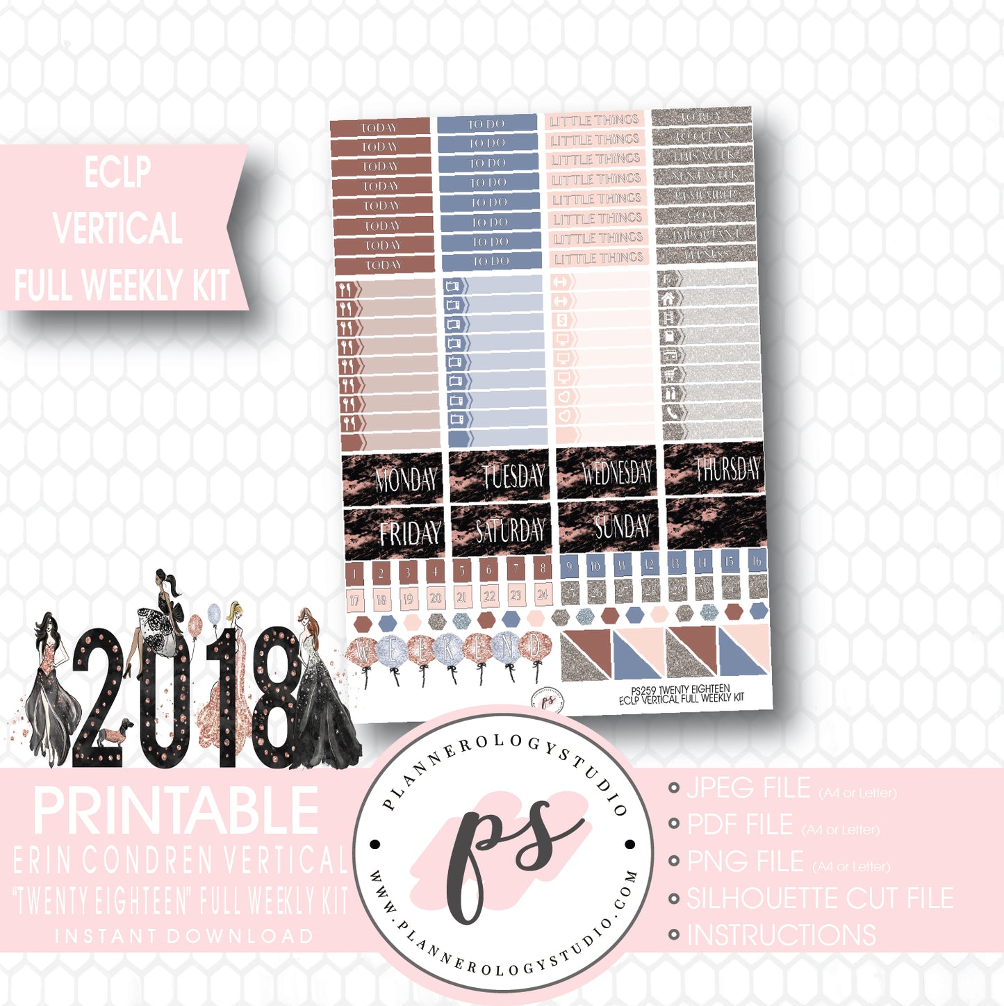 Twenty Eighteen 2018 New Year's Full Weekly Kit Printable Planner Stickers (for use with ECLP Vertical) - Plannerologystudio