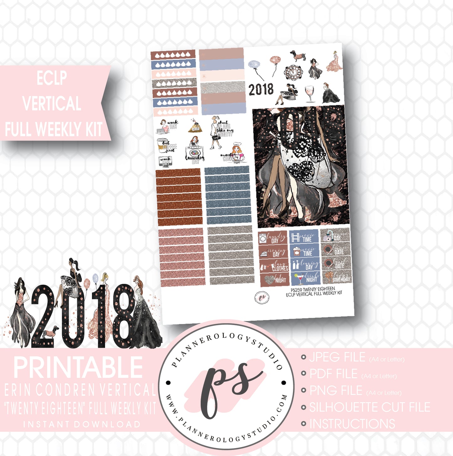 Twenty Eighteen 2018 New Year's Full Weekly Kit Printable Planner Stickers (for use with ECLP Vertical) - Plannerologystudio