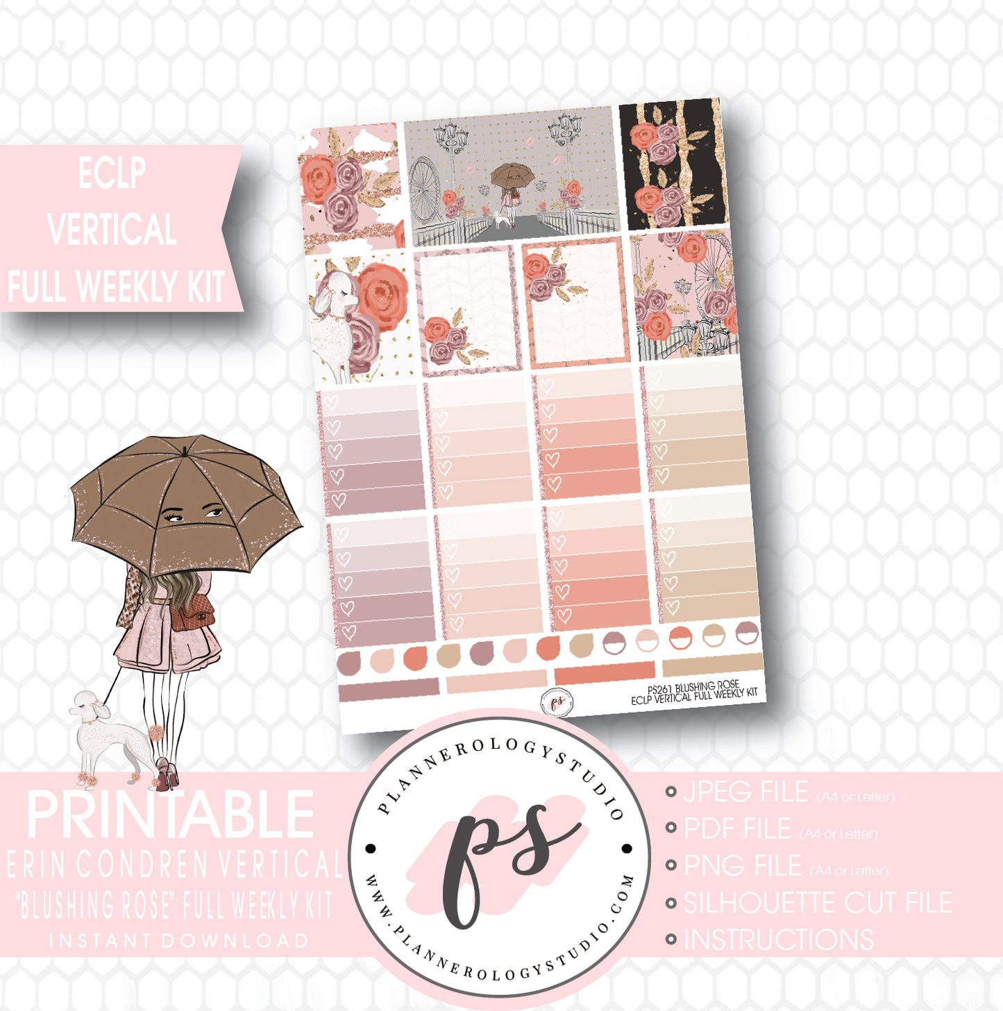 Blushing Rose Full Weekly Kit Printable Planner Stickers (for use with ECLP Vertical) - Plannerologystudio