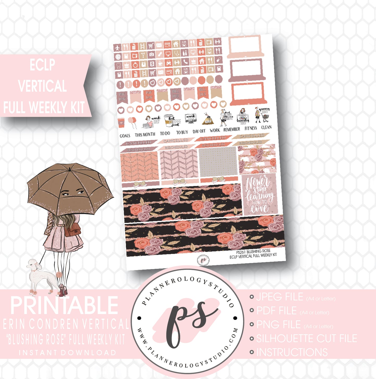 Blushing Rose Full Weekly Kit Printable Planner Stickers (for use with ECLP Vertical) - Plannerologystudio