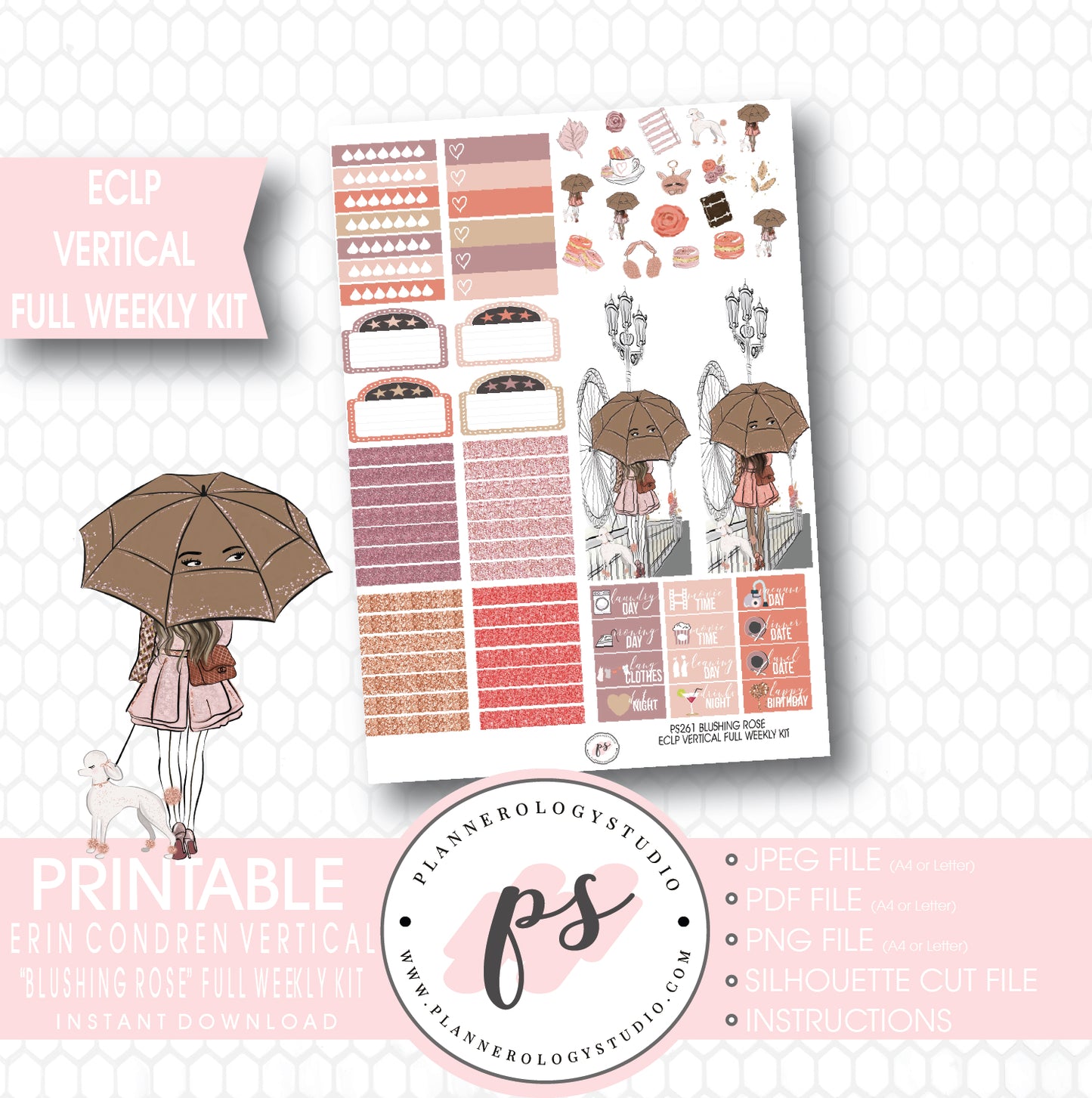 Blushing Rose Full Weekly Kit Printable Planner Stickers (for use with ECLP Vertical) - Plannerologystudio
