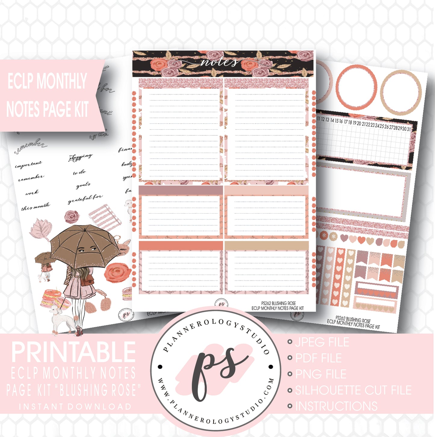 Blushing Rose Monthly Notes Page Kit Printable Planner Stickers (for use with ECLP) - Plannerologystudio