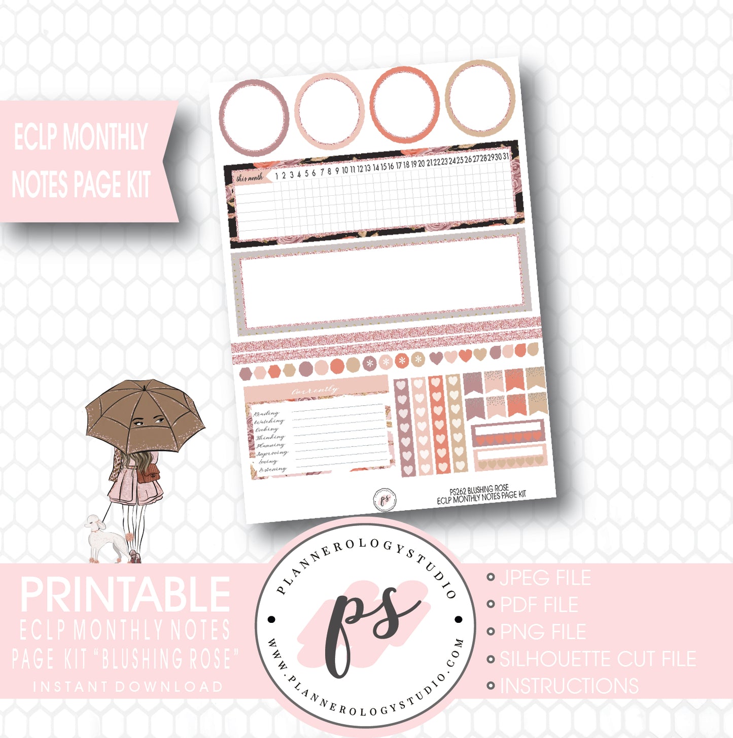 Blushing Rose Monthly Notes Page Kit Printable Planner Stickers (for use with ECLP) - Plannerologystudio