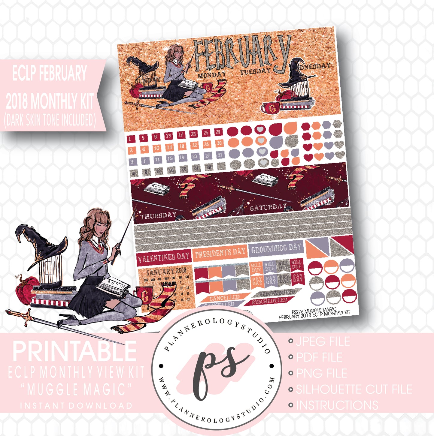 Muggle Magic (Harry Potter Theme) February 2018 Monthly View Kit Printable Planner Stickers (for use with ECLP) (Dark & Light Skin Tone) - Plannerologystudio