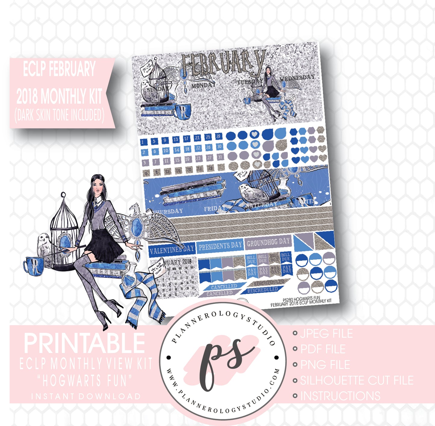 Hogwarts Fun (Harry Potter Theme) February 2018 Monthly View Kit Printable Planner Stickers (for use with ECLP) (Dark & Light Skintone) - Plannerologystudio