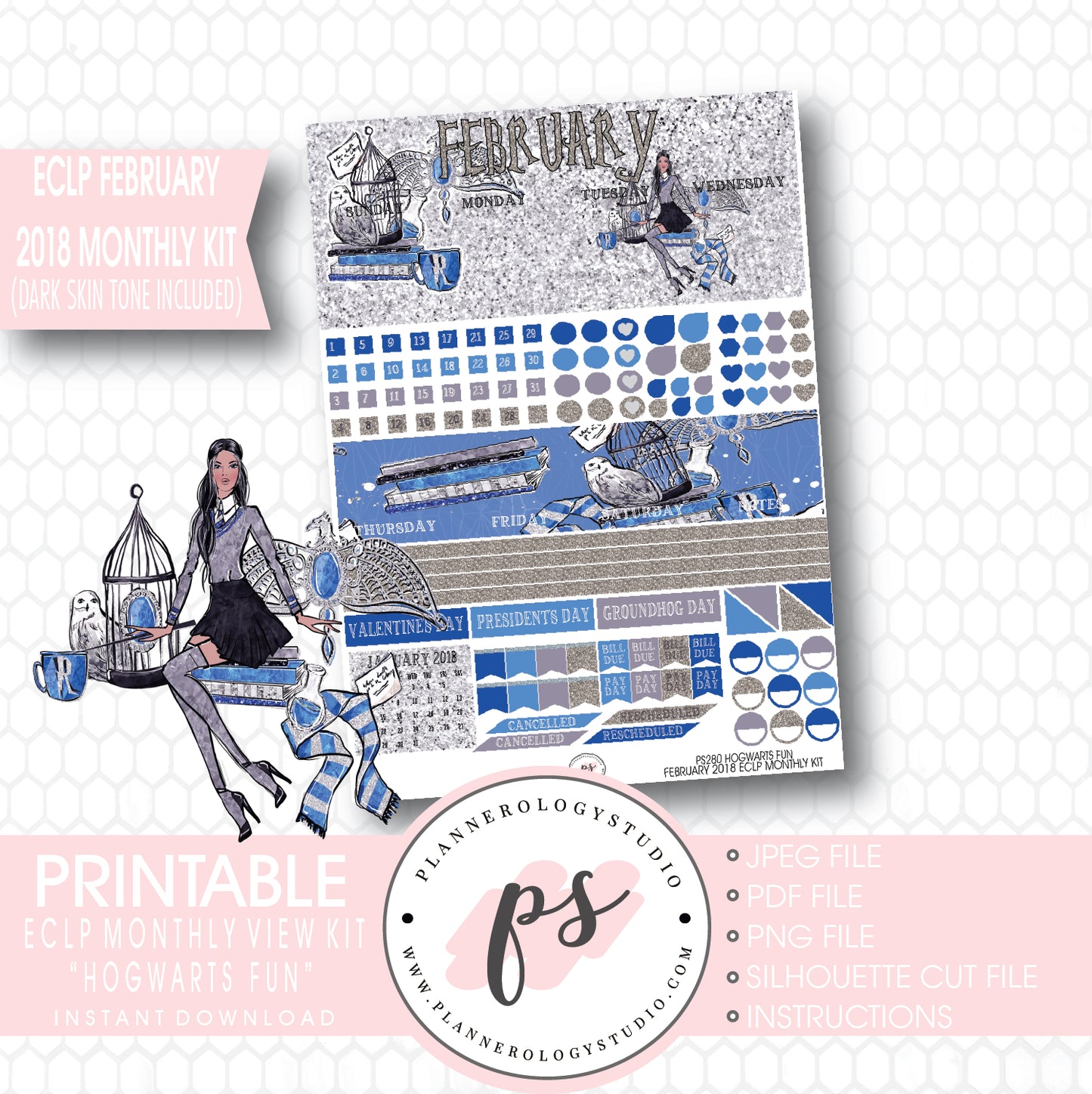Hogwarts Fun (Harry Potter Theme) February 2018 Monthly View Kit Printable Planner Stickers (for use with ECLP) (Dark & Light Skintone) - Plannerologystudio