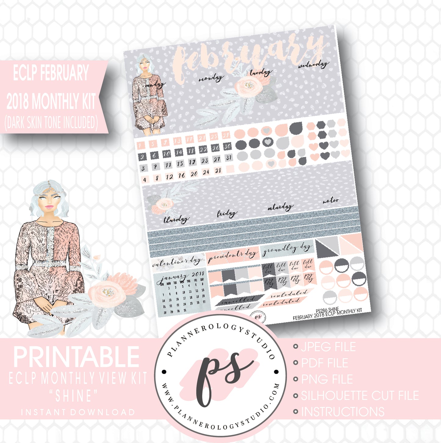 Shine February 2018 Monthly View Kit Printable Planner Stickers (for use with ECLP) (Dark & Light Skintone) - Plannerologystudio