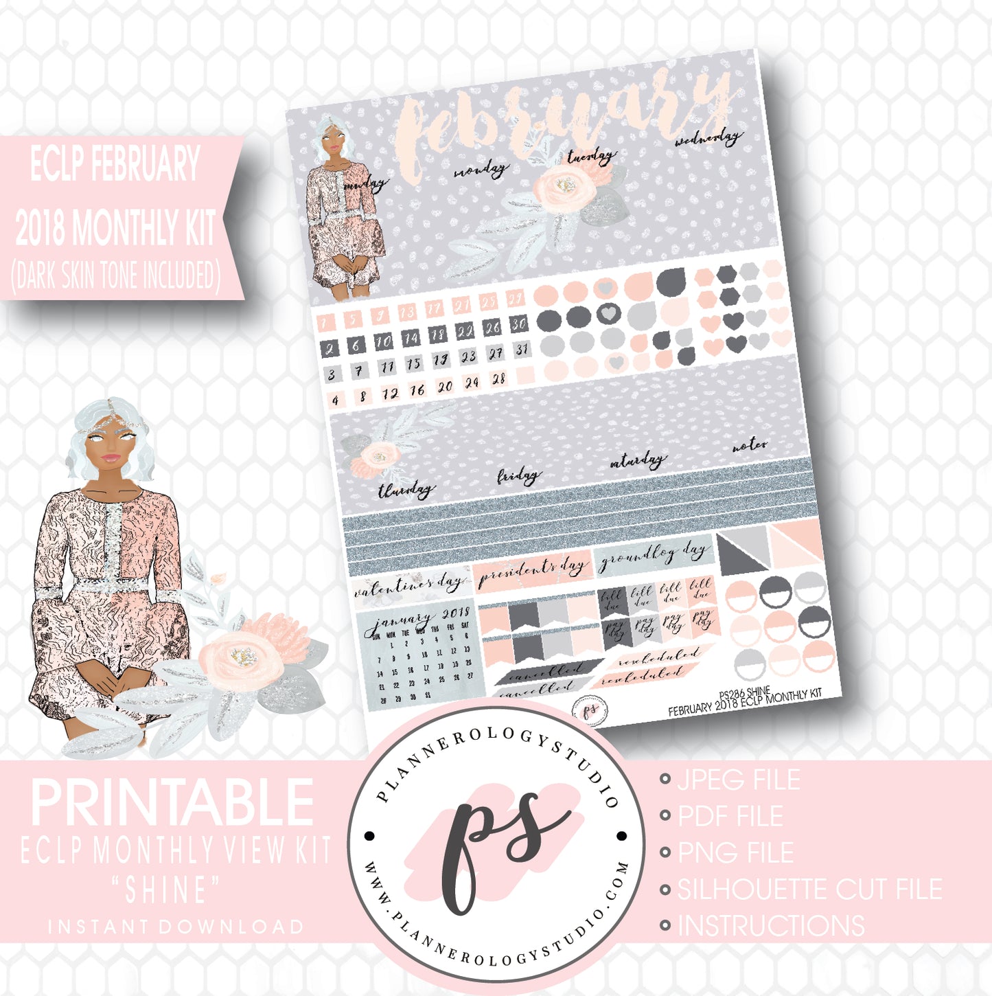 Shine February 2018 Monthly View Kit Printable Planner Stickers (for use with ECLP) (Dark & Light Skintone) - Plannerologystudio