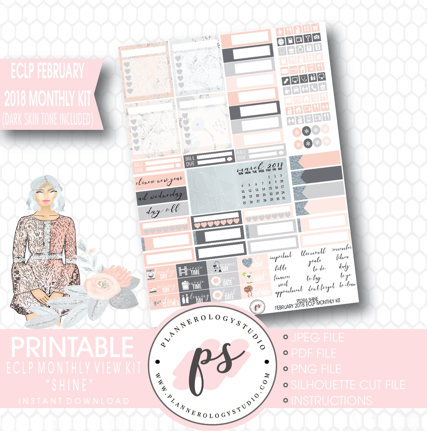 Shine February 2018 Monthly View Kit Printable Planner Stickers (for use with ECLP) (Dark & Light Skintone) - Plannerologystudio