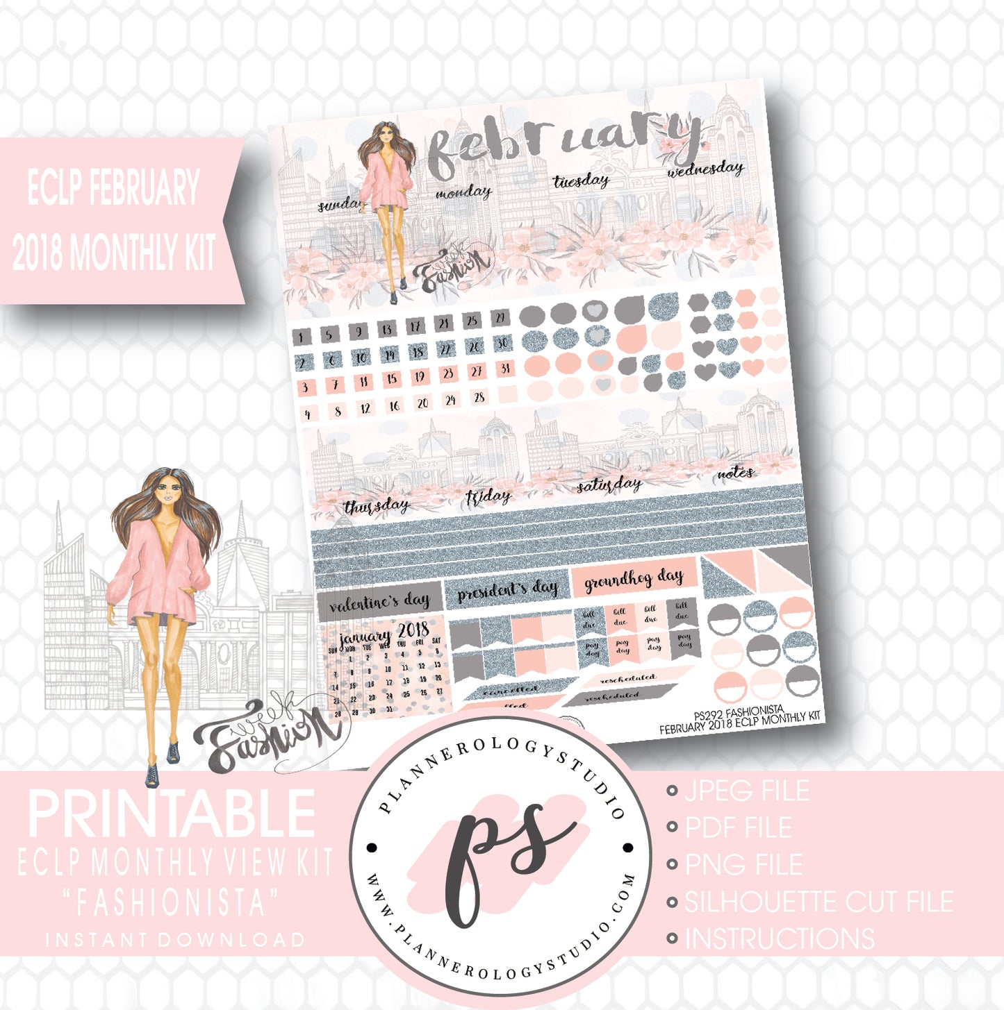 Fashionista February 2018 Monthly View Kit Digital Printable Planner Stickers (for use with ECLP) - Plannerologystudio