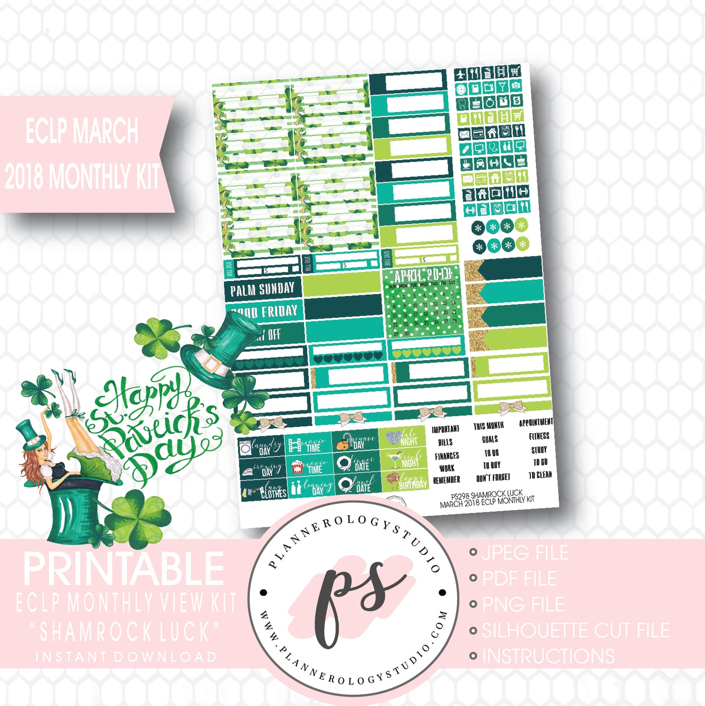 Shamrock Luck St Patrick's Day March 2018 Monthly View Kit Digital Printable Planner Stickers (for use with ECLP) - Plannerologystudio