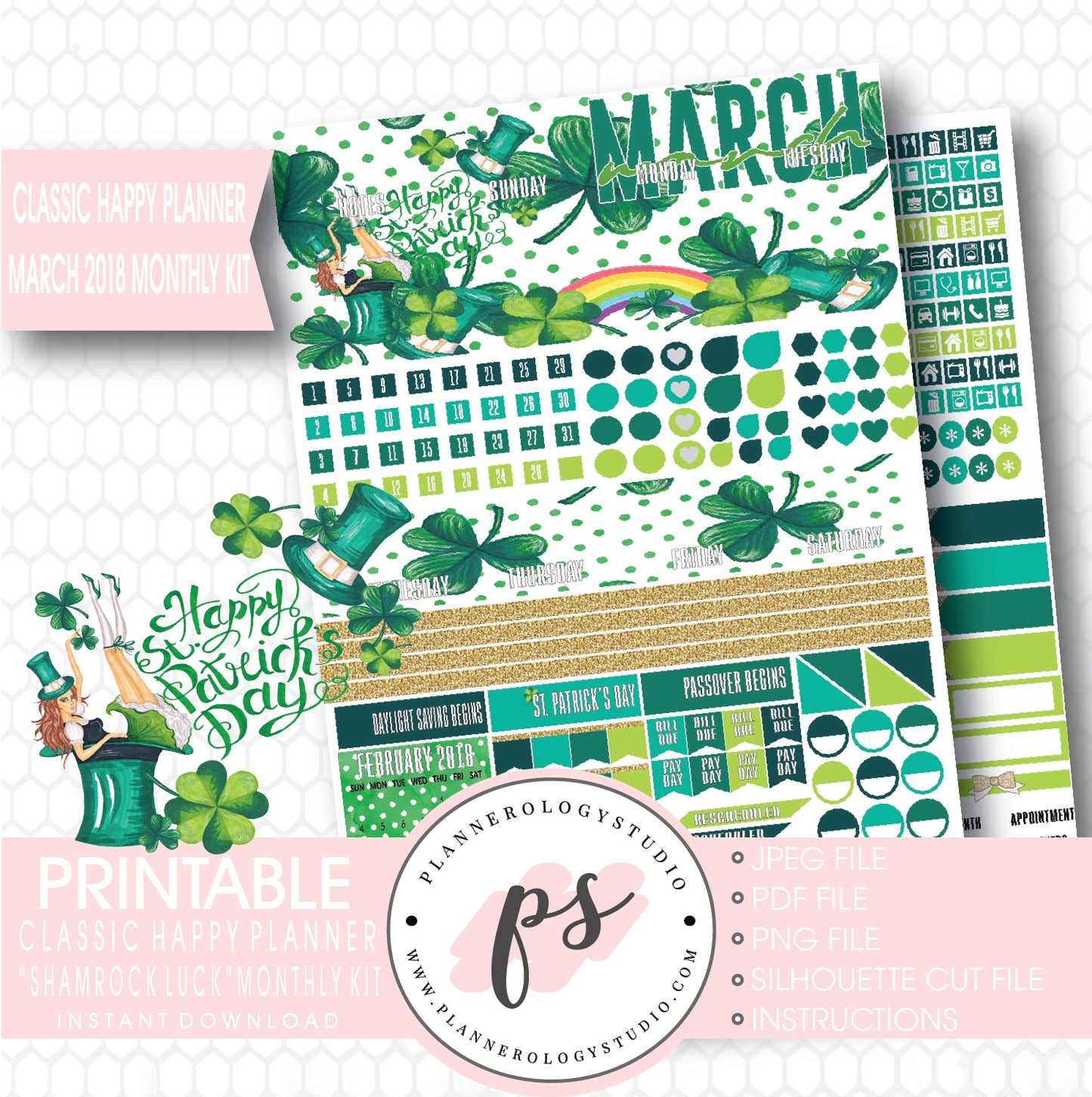 Shamrock Luck St Patrick's Day March 2018 Monthly View Kit Digital Printable Planner Stickers (for use with Classic Happy Planner) - Plannerologystudio