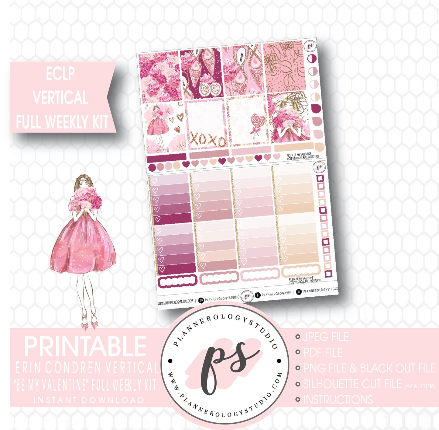 Be My Valentine Full Weekly Kit Printable Planner Stickers (for use with ECLP Vertical) - Plannerologystudio