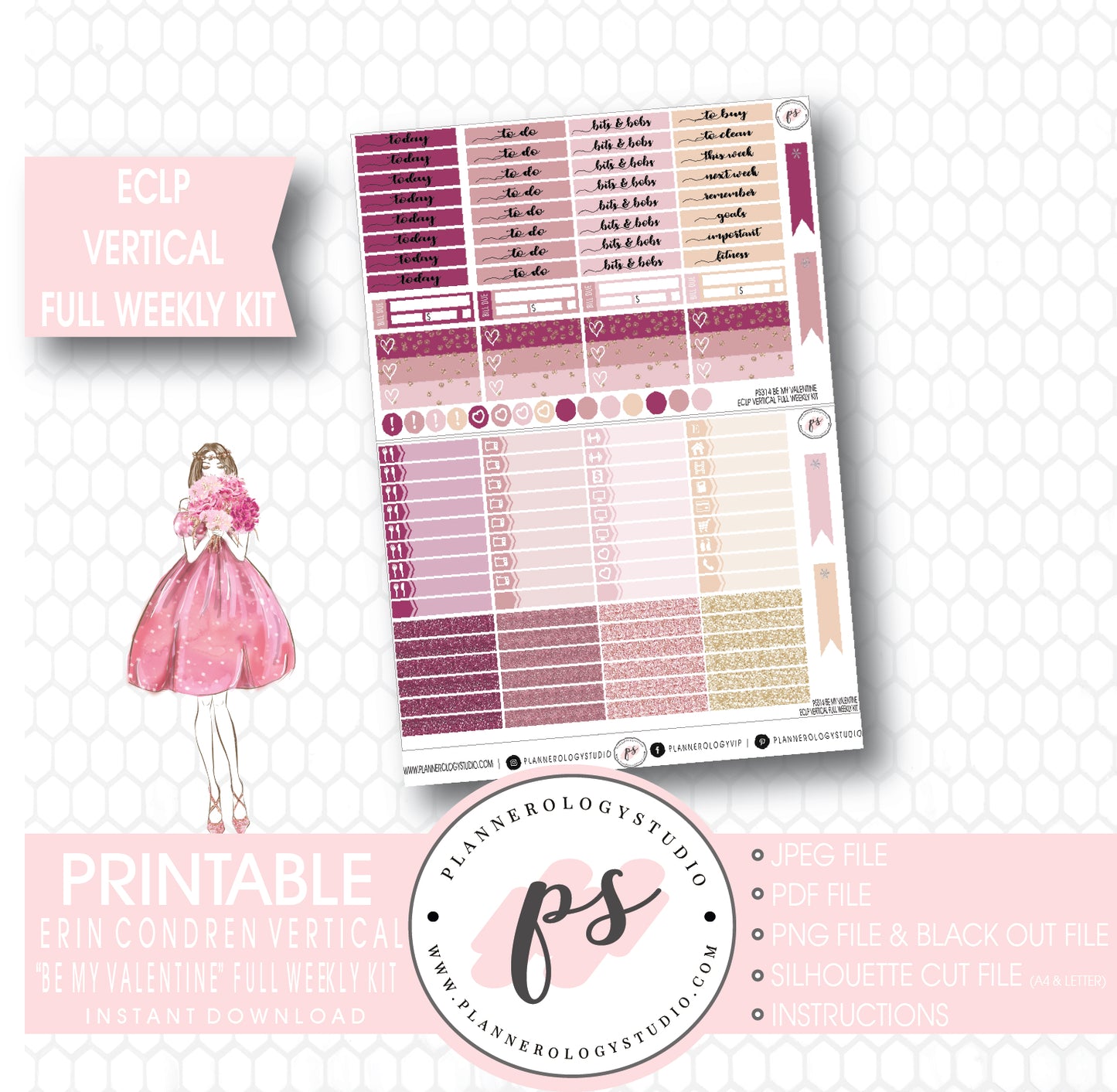 Be My Valentine Full Weekly Kit Printable Planner Stickers (for use with ECLP Vertical) - Plannerologystudio