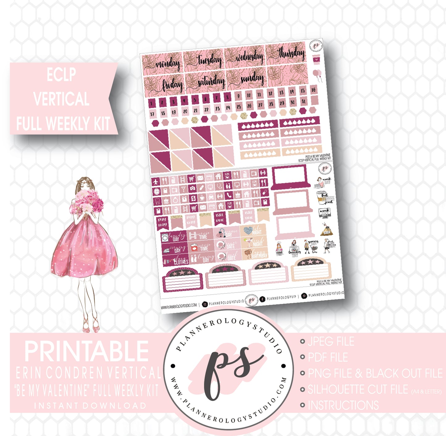 Be My Valentine Full Weekly Kit Printable Planner Stickers (for use with ECLP Vertical) - Plannerologystudio