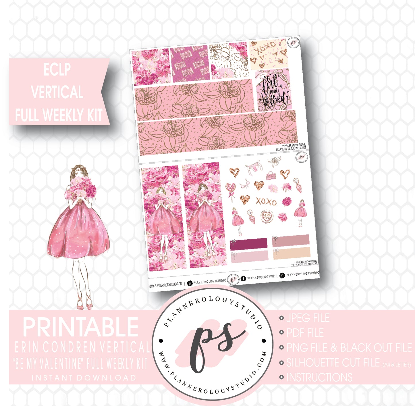 Be My Valentine Full Weekly Kit Printable Planner Stickers (for use with ECLP Vertical) - Plannerologystudio