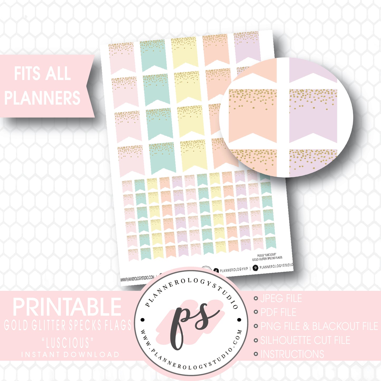 "Luscious" Gold Glitter Specks Flags Printable Planner Stickers - Plannerologystudio