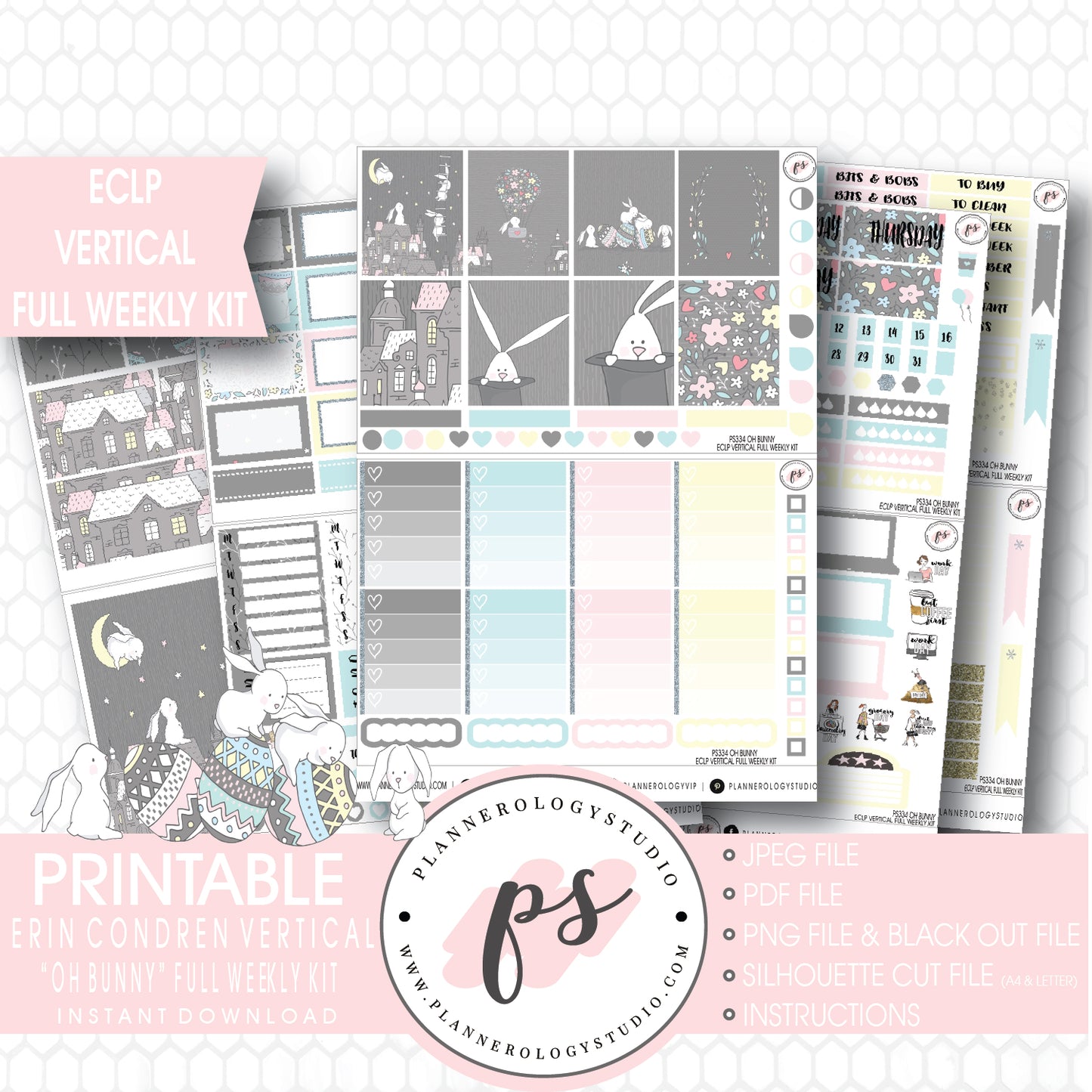 Oh Bunny Easter Full Weekly Kit Printable Planner Stickers (for use with ECLP Vertical) - Plannerologystudio