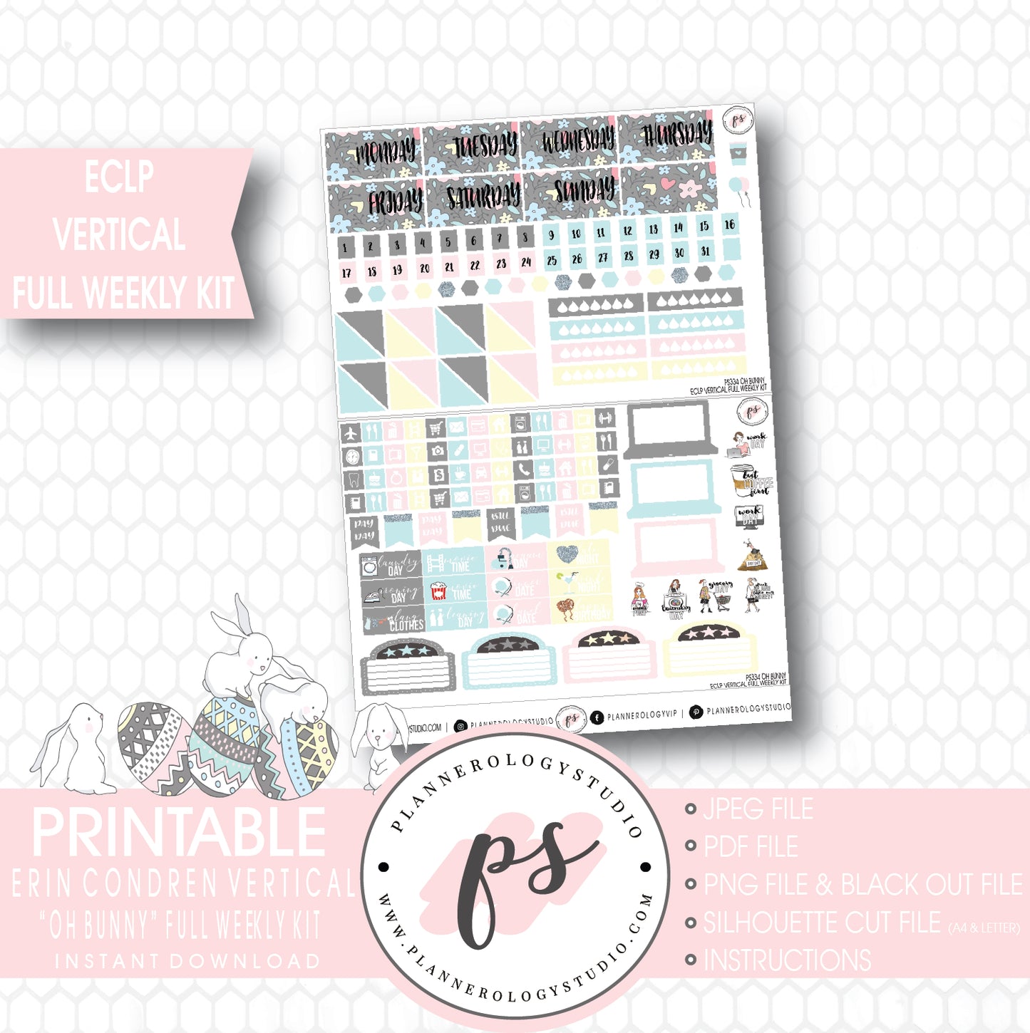 Oh Bunny Easter Full Weekly Kit Printable Planner Stickers (for use with ECLP Vertical) - Plannerologystudio