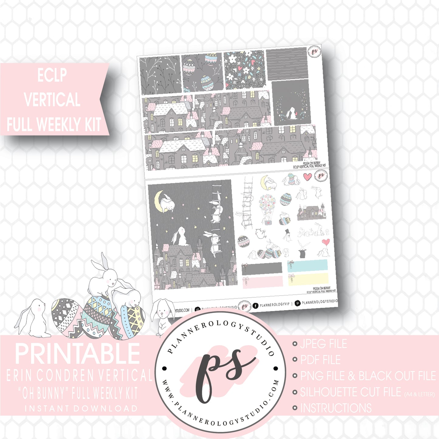 Oh Bunny Easter Full Weekly Kit Printable Planner Stickers (for use with ECLP Vertical) - Plannerologystudio
