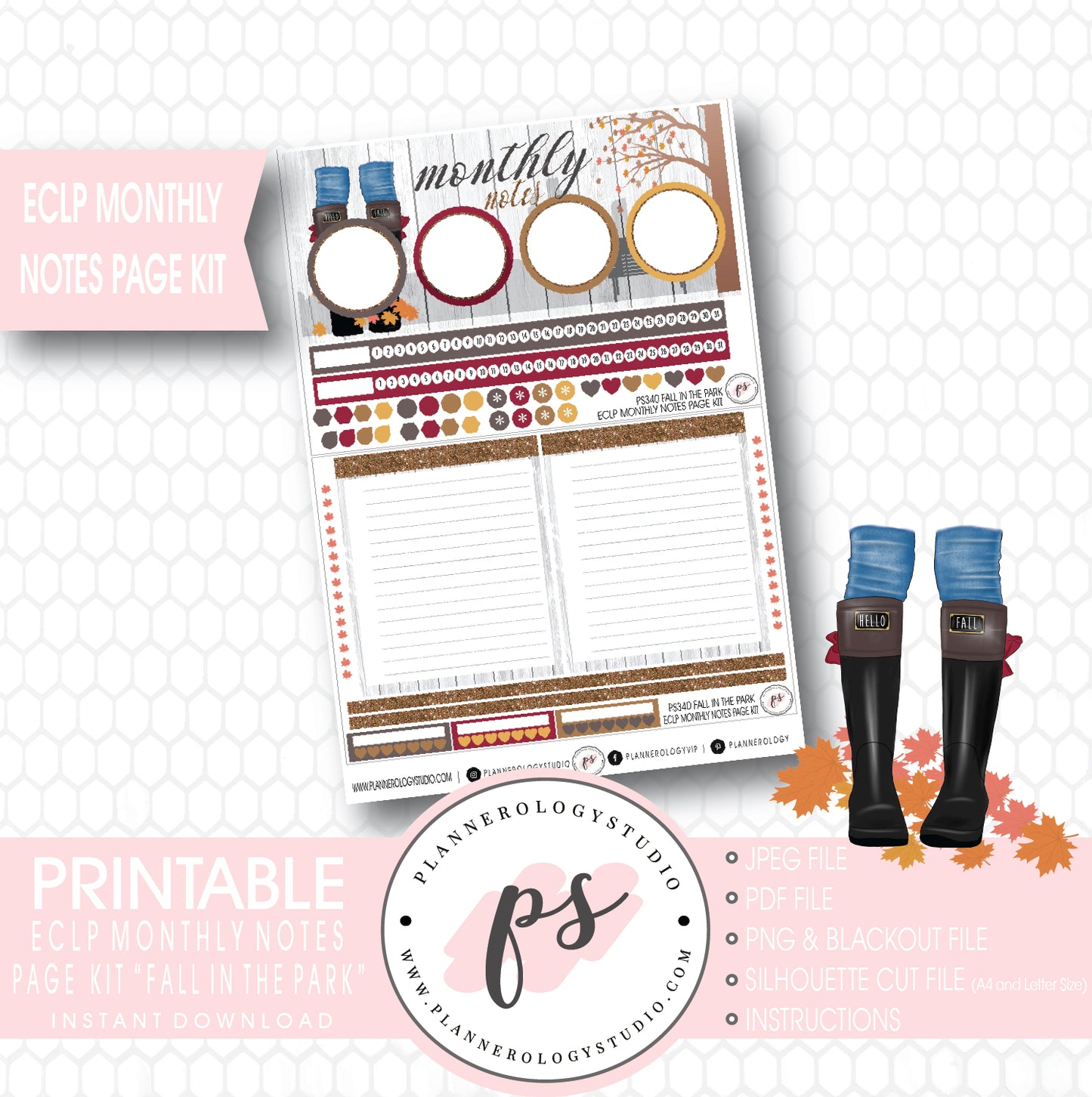 Fall in the Park Monthly Notes Page Kit Digital Printable Planner Stickers (for use with ECLP) - Plannerologystudio