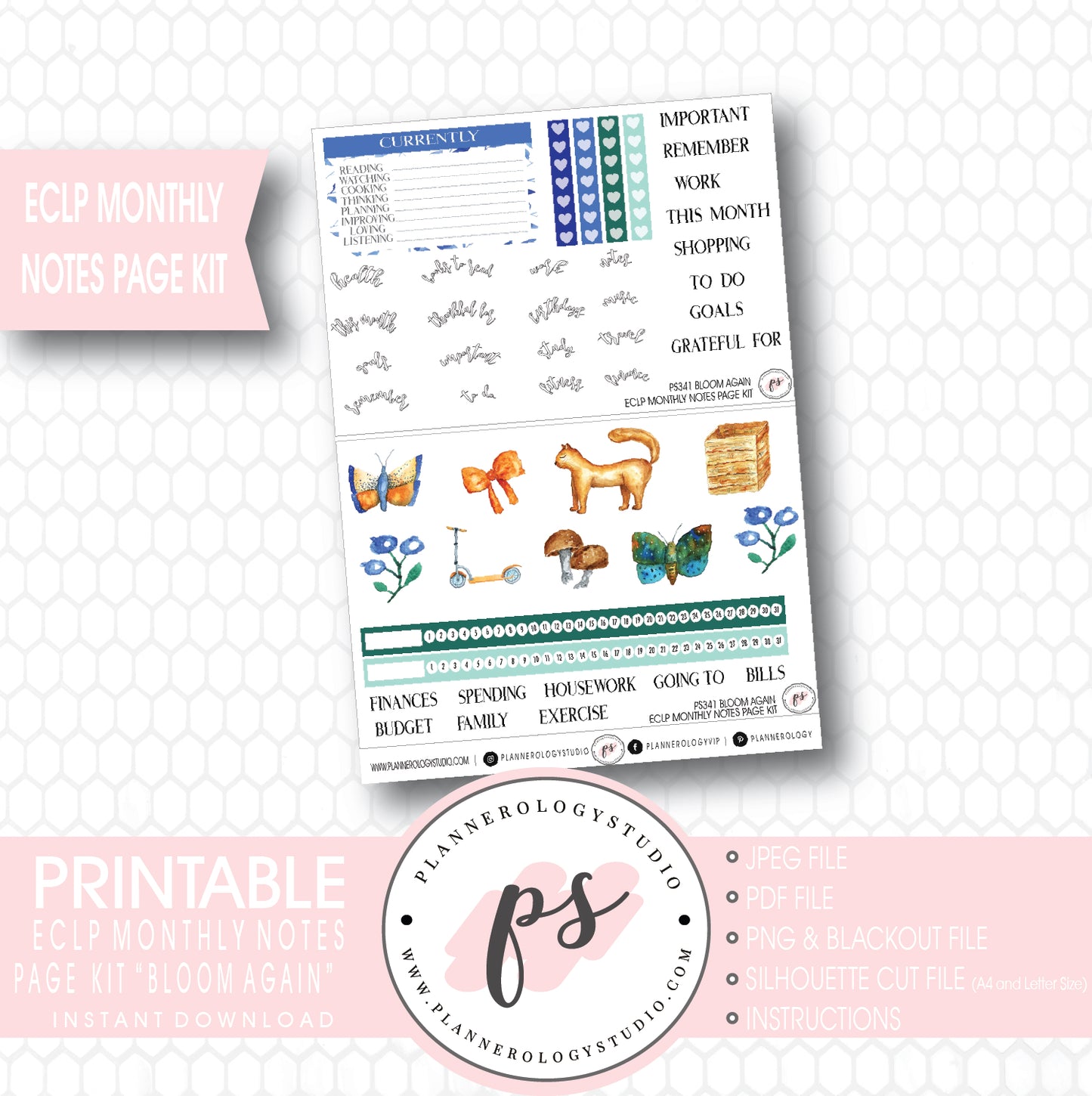 Bloom Again Monthly Notes Page Kit Digital Printable Planner Stickers (for use with ECLP) - Plannerologystudio