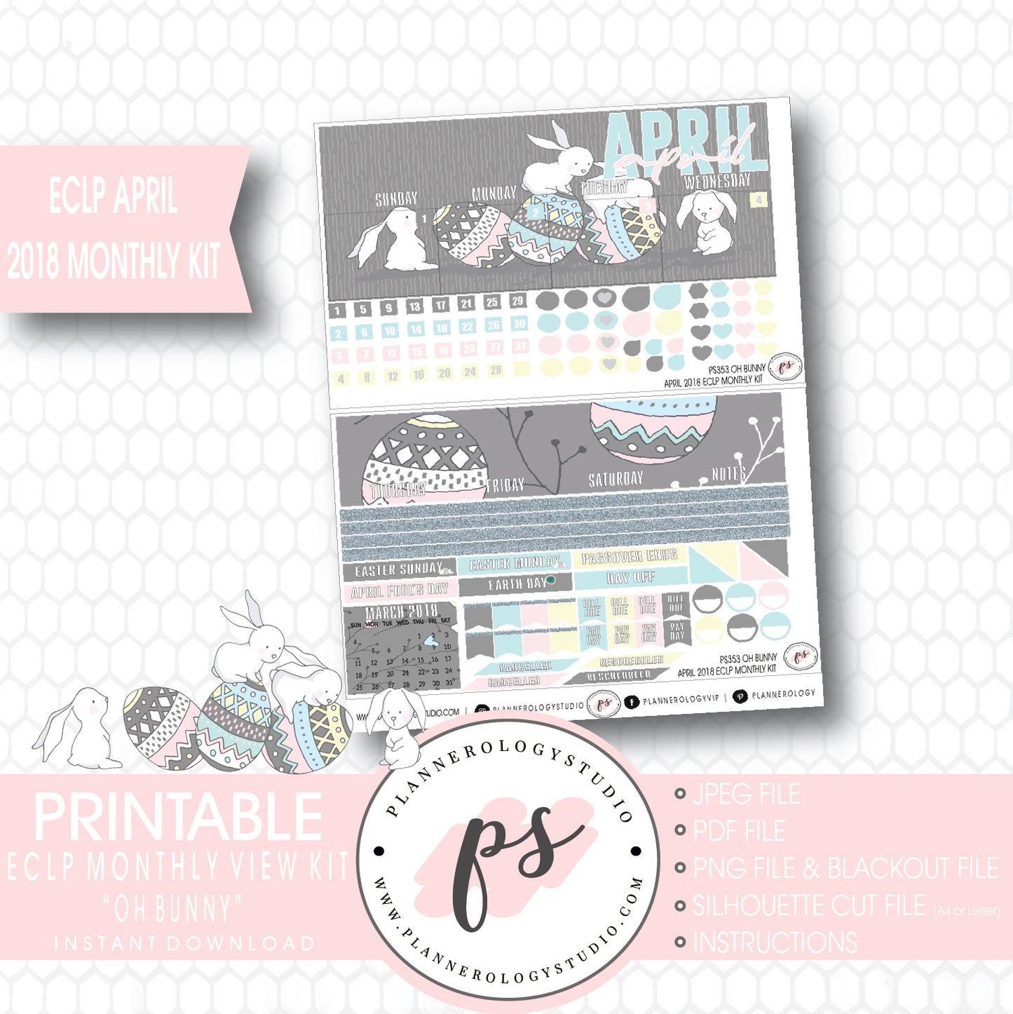 Oh Bunny April Easter 2018 Monthly View Kit Digital Printable Planner Stickers (for use with Erin Condren) - Plannerologystudio