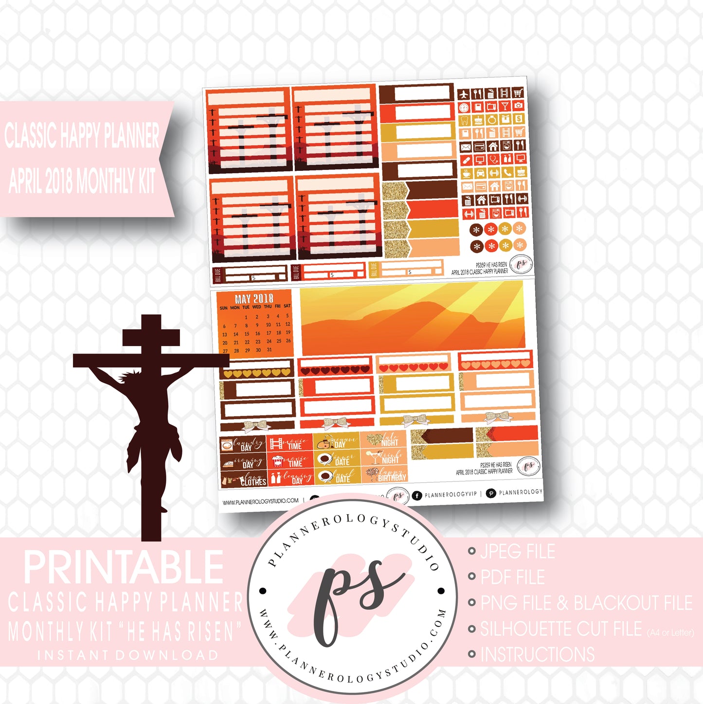 He Has Risen April Easter 2018 Monthly View Kit Digital Printable Planner Stickers (for use with Classic Happy Planner) - Plannerologystudio