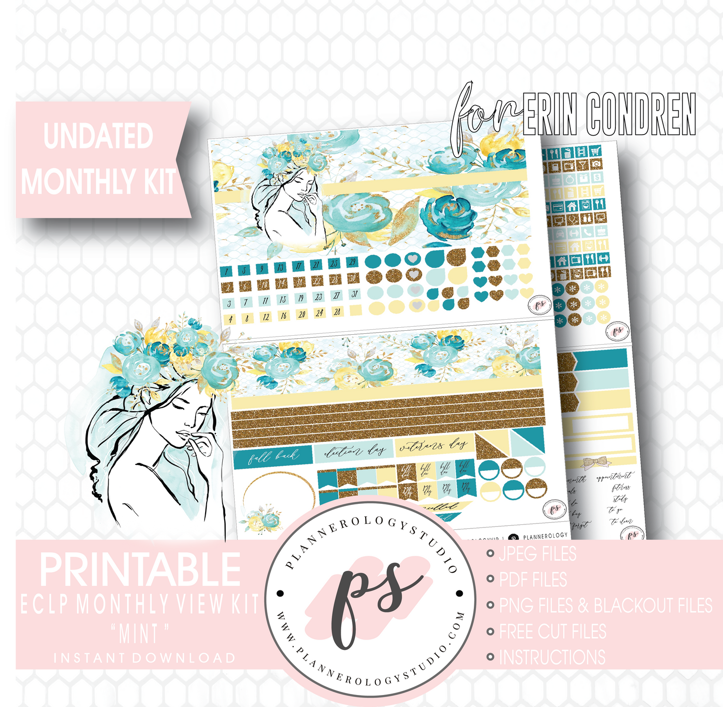 Mint Undated Monthly View Kit Digital Printable Planner Stickers (for Standard A5 Wide Monthly 1.6" Width Date Boxes)