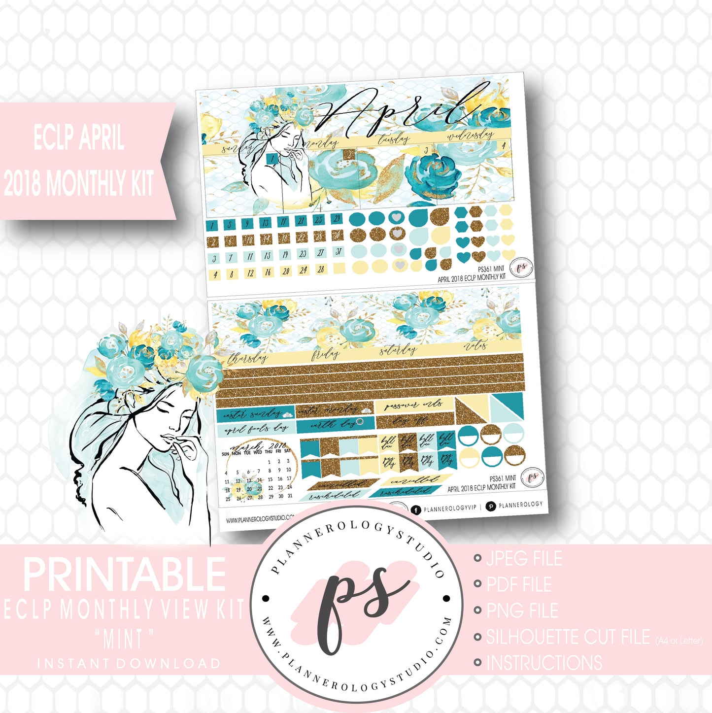 Mint April 2018 Monthly View Kit Digital Printable Planner Stickers (for use with Erin Condren) - Plannerologystudio