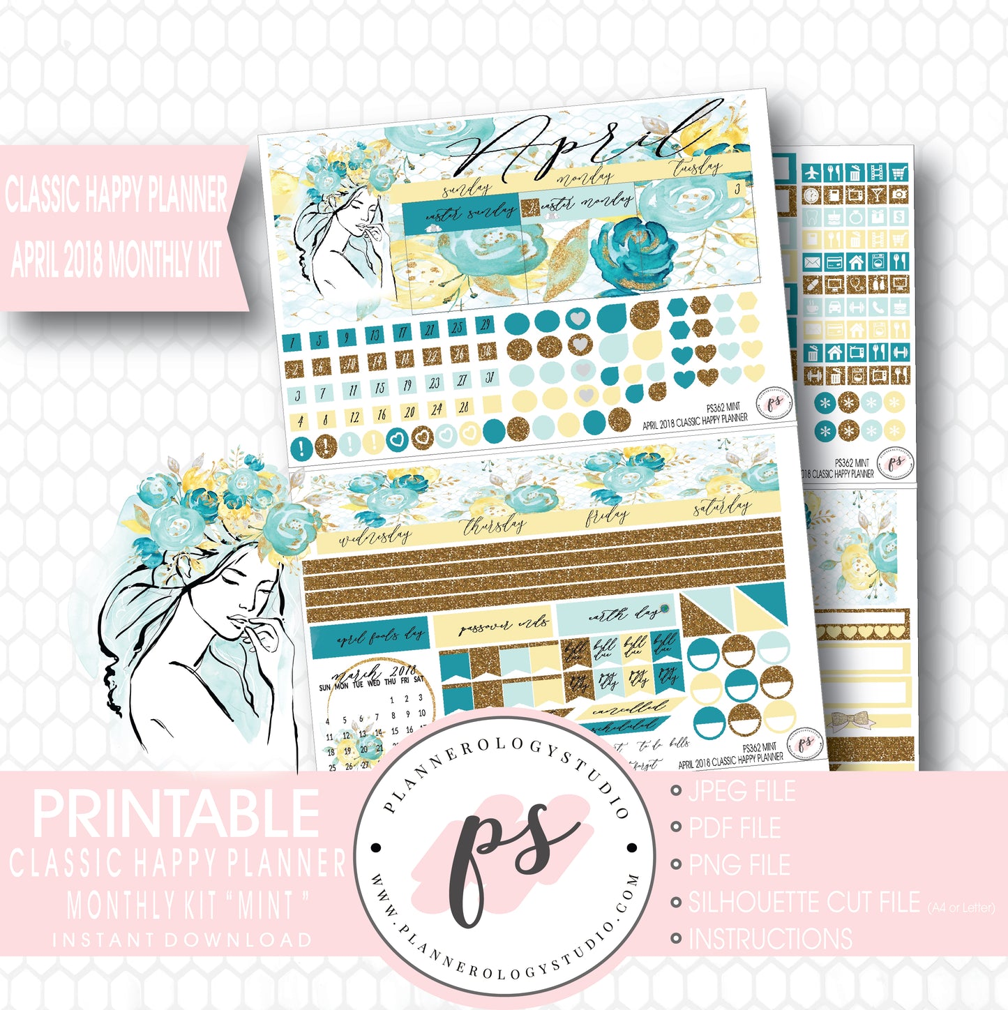 Mint April 2018 Monthly View Kit Digital Printable Planner Stickers (for use with Classic Happy Planner) - Plannerologystudio