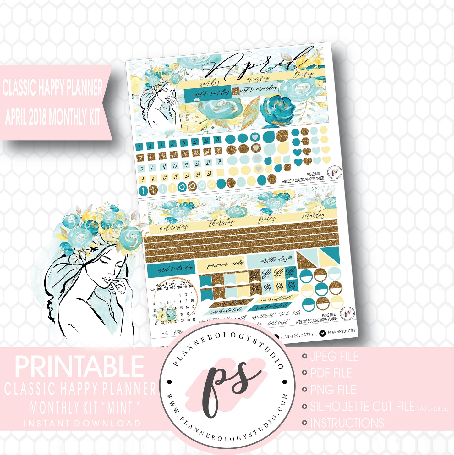 Mint April 2018 Monthly View Kit Digital Printable Planner Stickers (for use with Classic Happy Planner) - Plannerologystudio