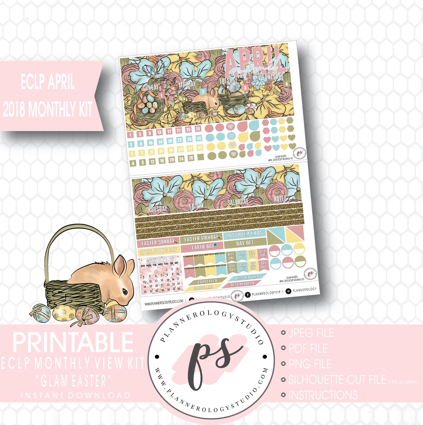 Glam Easter April 2018 Monthly View Kit Digital Printable Planner Stickers (for use with Erin Condren) - Plannerologystudio