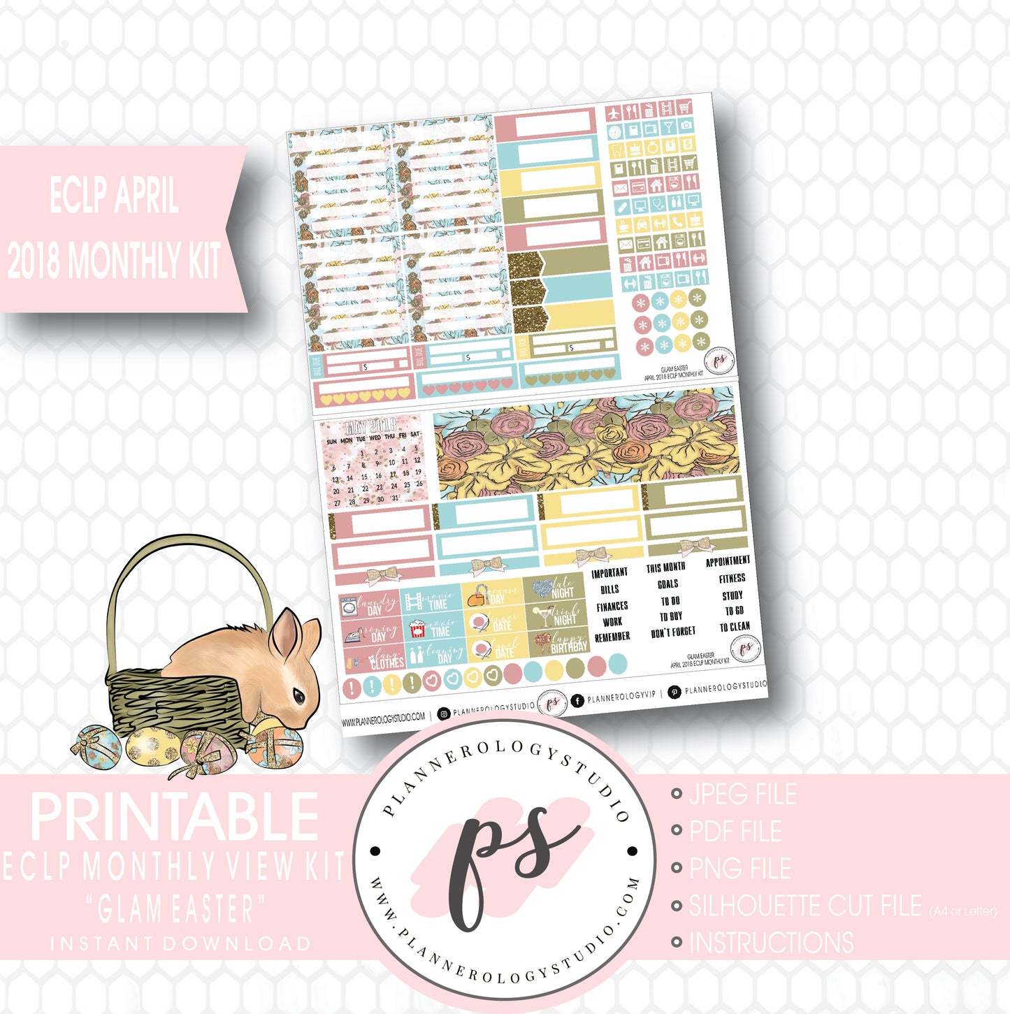 Glam Easter April 2018 Monthly View Kit Digital Printable Planner Stickers (for use with Erin Condren) - Plannerologystudio
