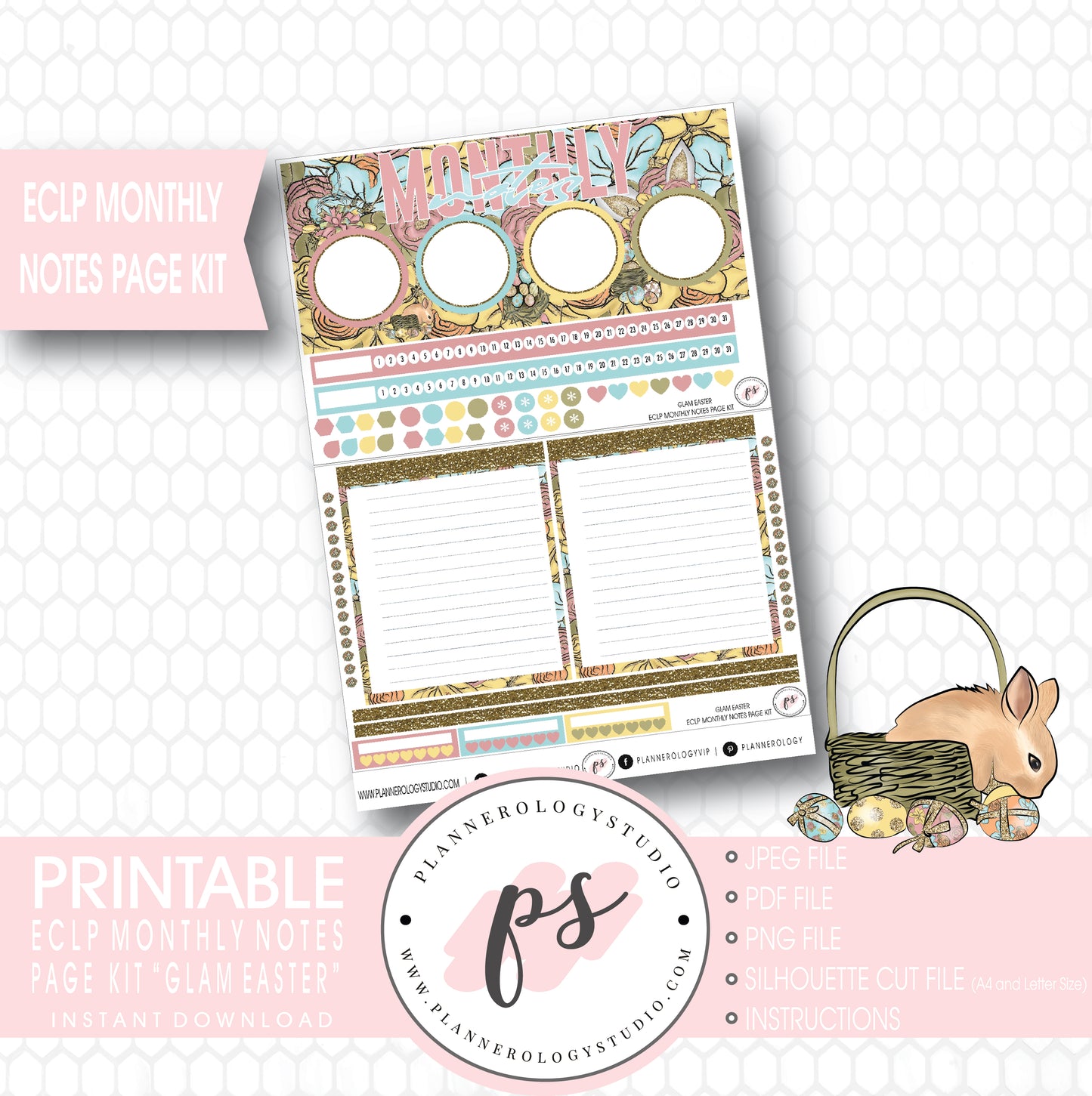 Glam Easter Monthly Notes Page Kit Digital Printable Planner Stickers (for use with ECLP) - Plannerologystudio