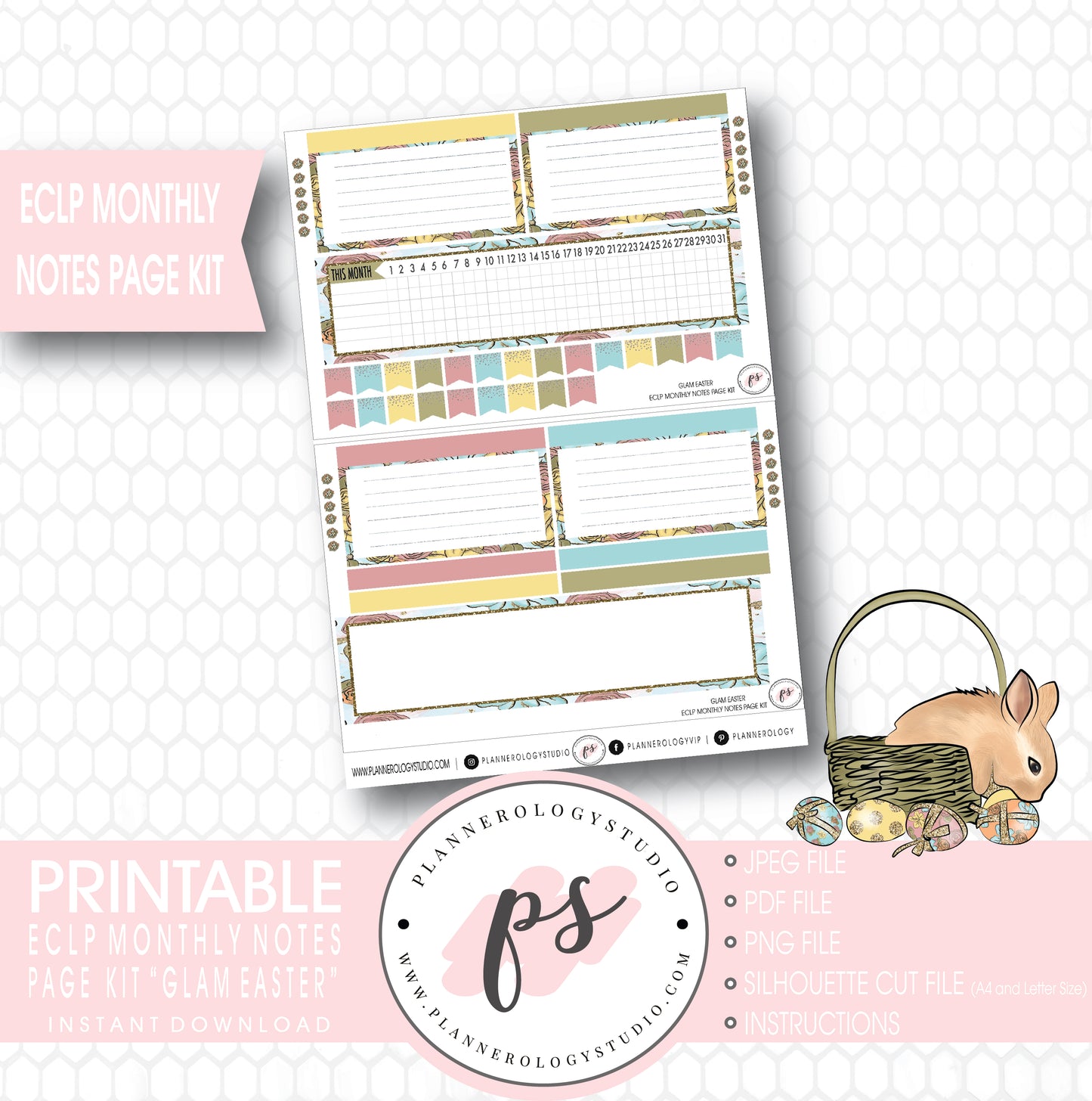 Glam Easter Monthly Notes Page Kit Digital Printable Planner Stickers (for use with ECLP) - Plannerologystudio