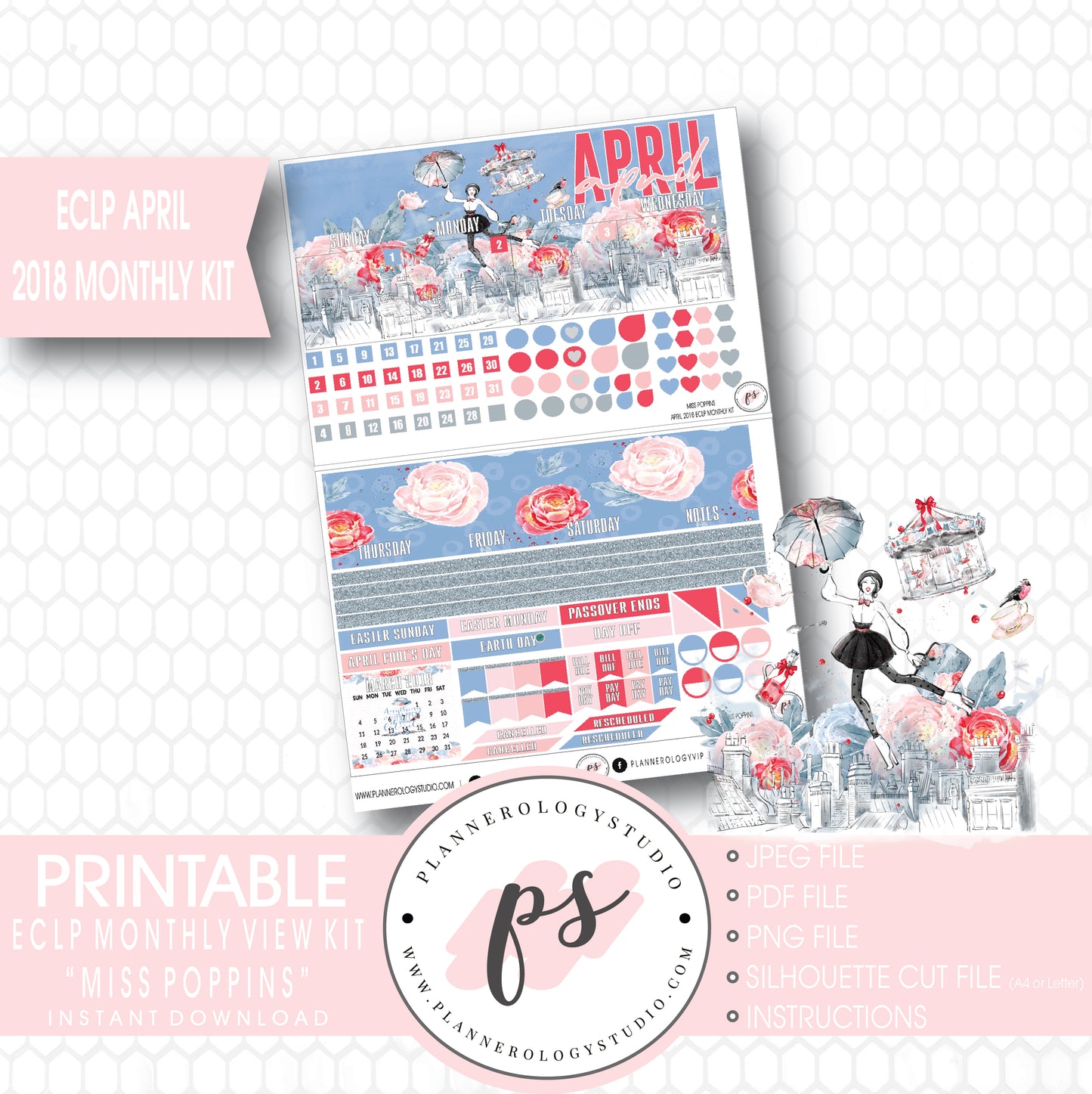 Miss Poppins (Mary Poppins) April 2018 Monthly View Kit Digital Printable Planner Stickers (for use with Erin Condren) - Plannerologystudio