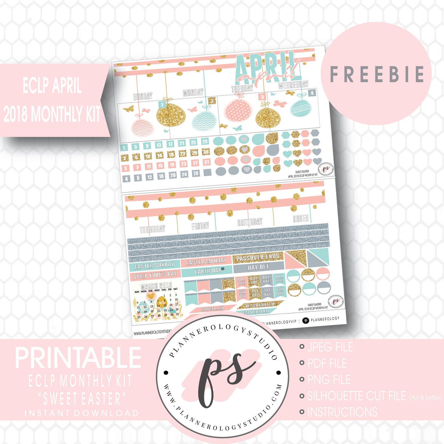 Sweet Easter ECLP Erin Condren April 2018 Monthly Kit Digital Printable Planner Stickers (PDF/JPG/PNG/Silhouette Cut File Freebie) - Plannerologystudio