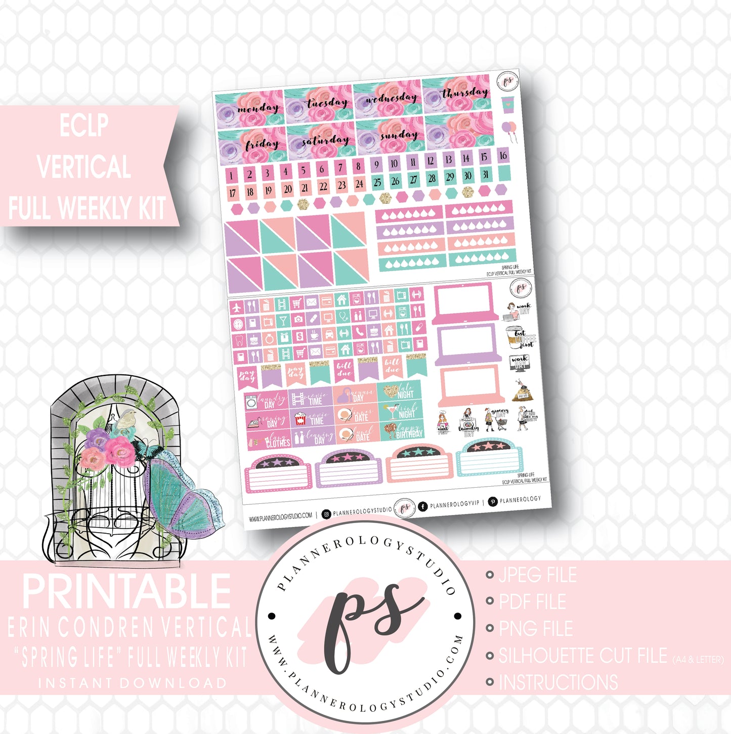 Spring Life Full Weekly Kit Printable Planner Stickers (for use with ECLP Vertical) - Plannerologystudio