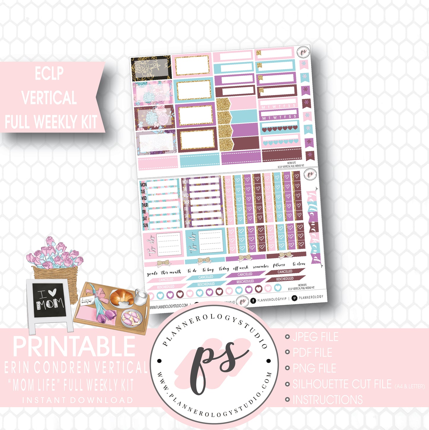 Mom Life (Mother's Day) Full Weekly Kit Printable Planner Stickers (for use with ECLP Vertical) - Plannerologystudio