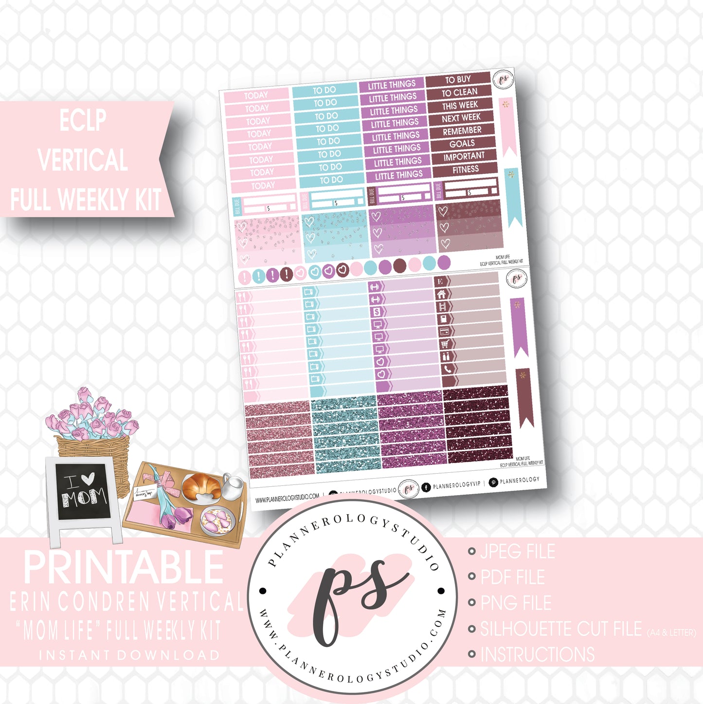 Mom Life (Mother's Day) Full Weekly Kit Printable Planner Stickers (for use with ECLP Vertical) - Plannerologystudio