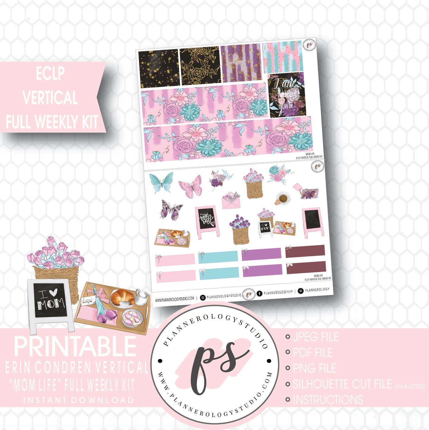 Mom Life (Mother's Day) Full Weekly Kit Printable Planner Stickers (for use with ECLP Vertical) - Plannerologystudio