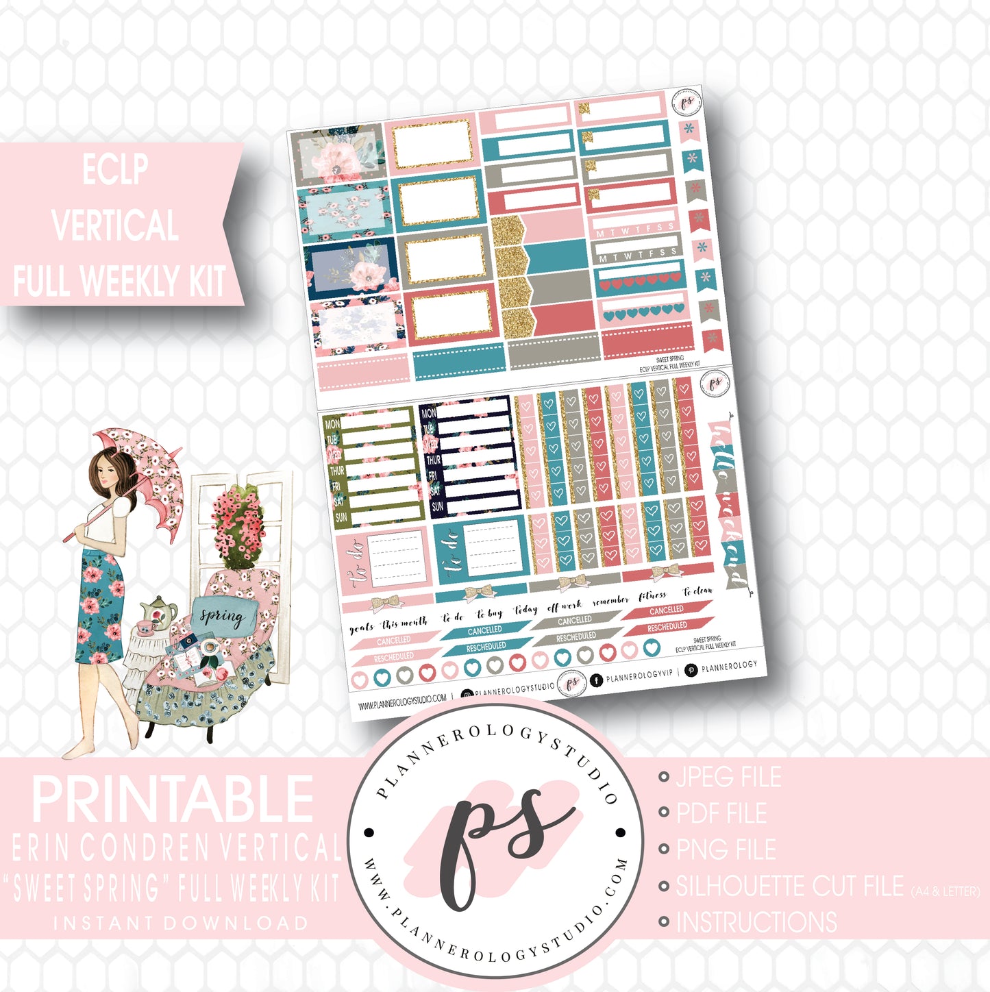 Sweet Spring Full Weekly Kit Printable Planner Stickers (for use with ECLP Vertical) - Plannerologystudio