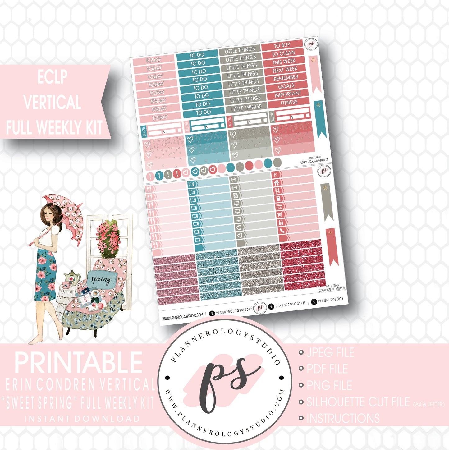 Sweet Spring Full Weekly Kit Printable Planner Stickers (for use with ECLP Vertical) - Plannerologystudio
