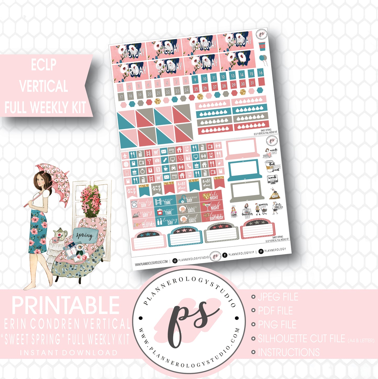 Sweet Spring Full Weekly Kit Printable Planner Stickers (for use with ECLP Vertical) - Plannerologystudio