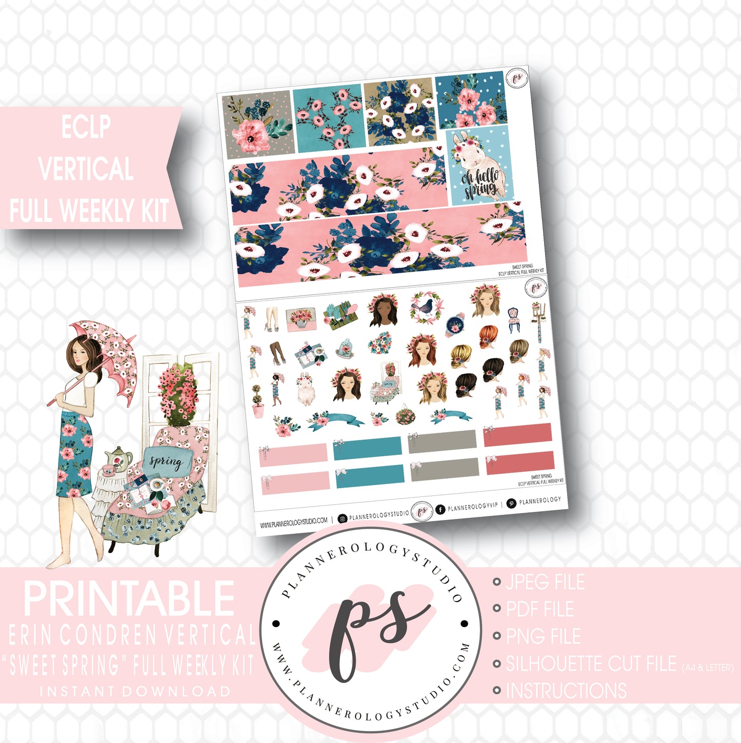 Sweet Spring Full Weekly Kit Printable Planner Stickers (for use with ECLP Vertical) - Plannerologystudio