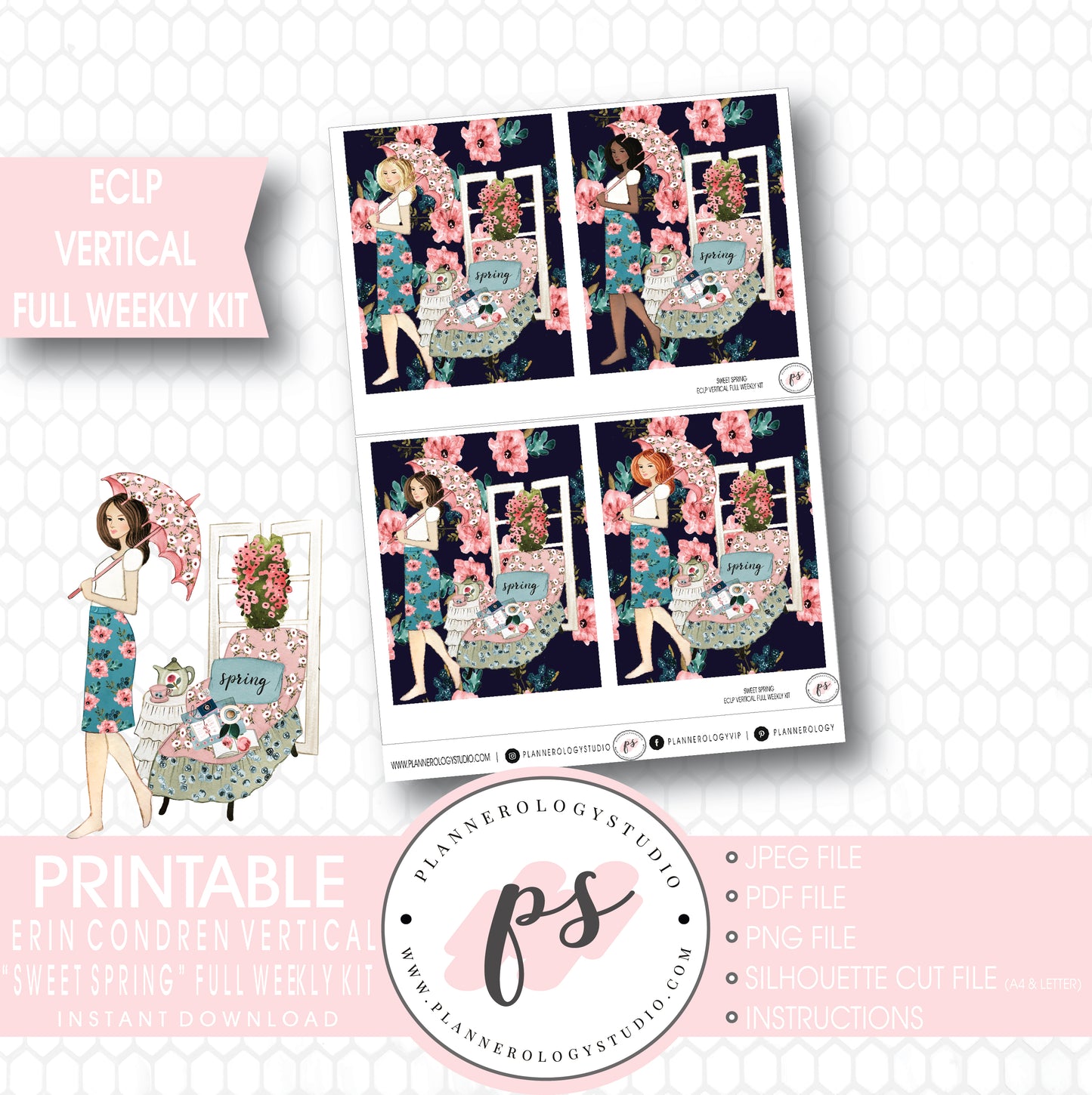 Sweet Spring Full Weekly Kit Printable Planner Stickers (for use with ECLP Vertical) - Plannerologystudio