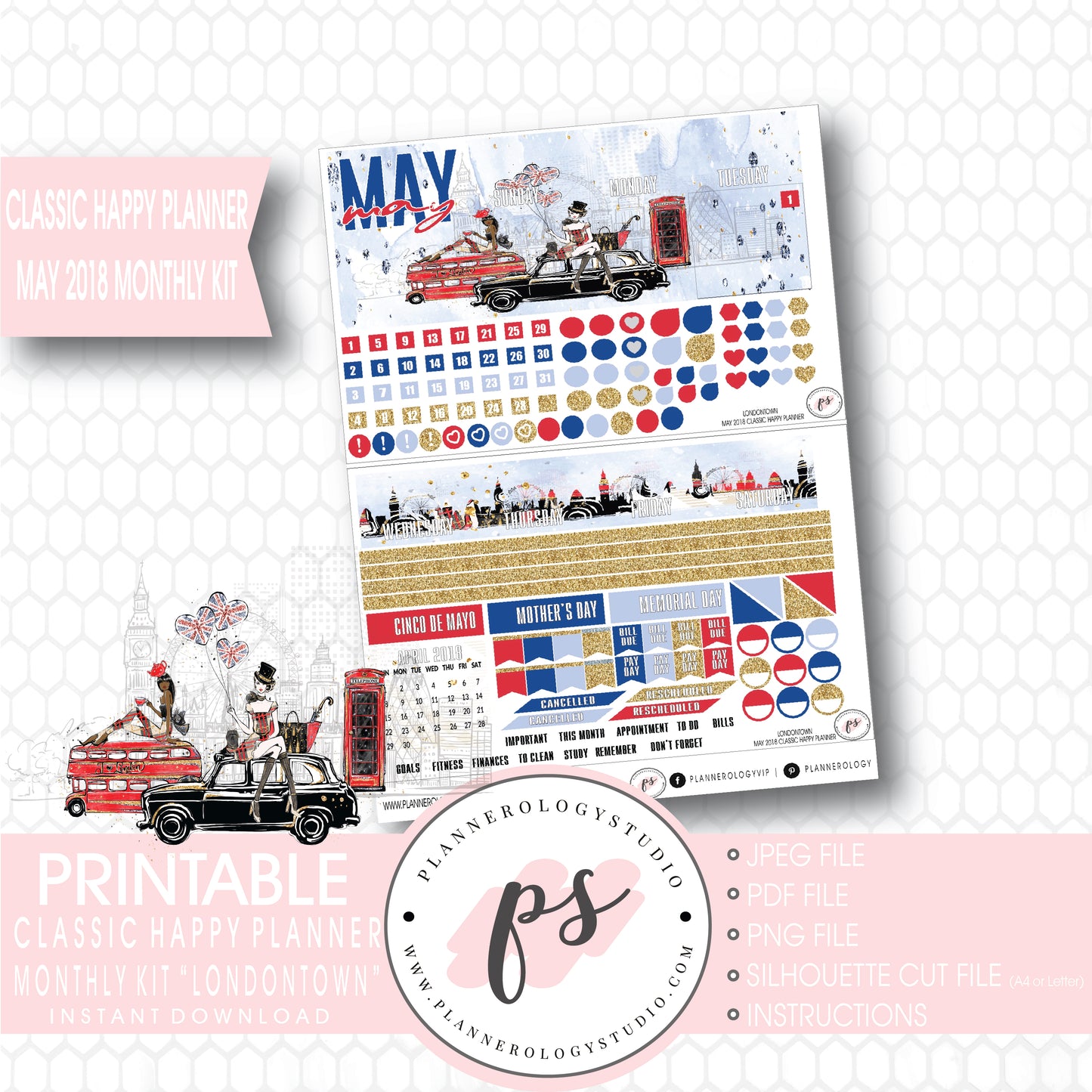 Londontown May 2018 Monthly View Kit Digital Printable Planner Stickers (for use with Classic Happy Planner) - Plannerologystudio